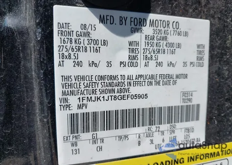 2016 Ford Expedition El Xlt/El King Ranch from USA, damaged, VIN 1FMJK1JT8GEF05905